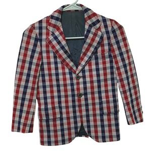 Vtg Tom Sawyer Boys Red White Blue Plaid Blazer Jacket Size 8-10 Patriotic USA